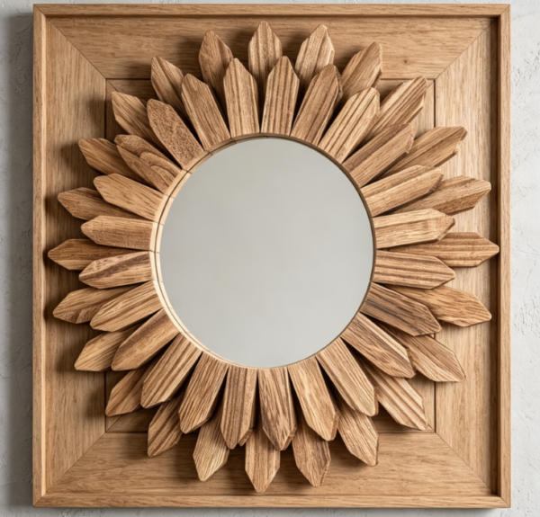 Sunburst Solid Wood Mirror — Rustic Carbonized Black Finish